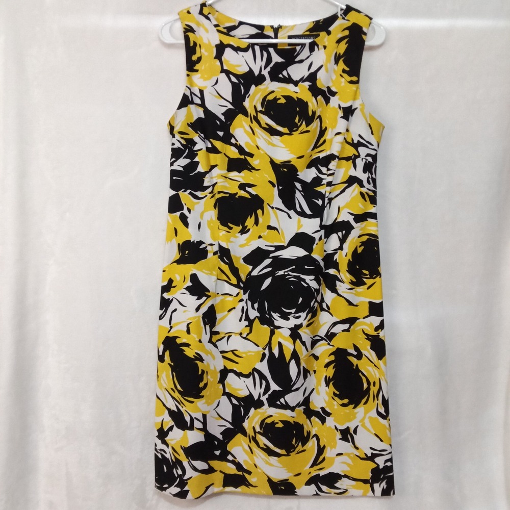 Perceptions New York Yellow Black White Floral Sleeveless Sheath Dress Size 8